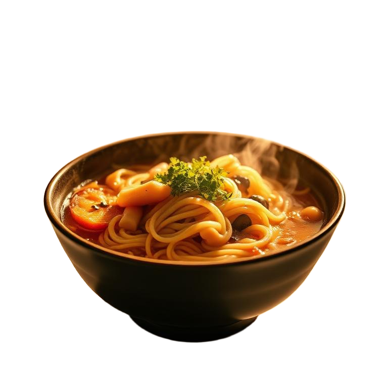 Steaming bowl of ramen floating in the light