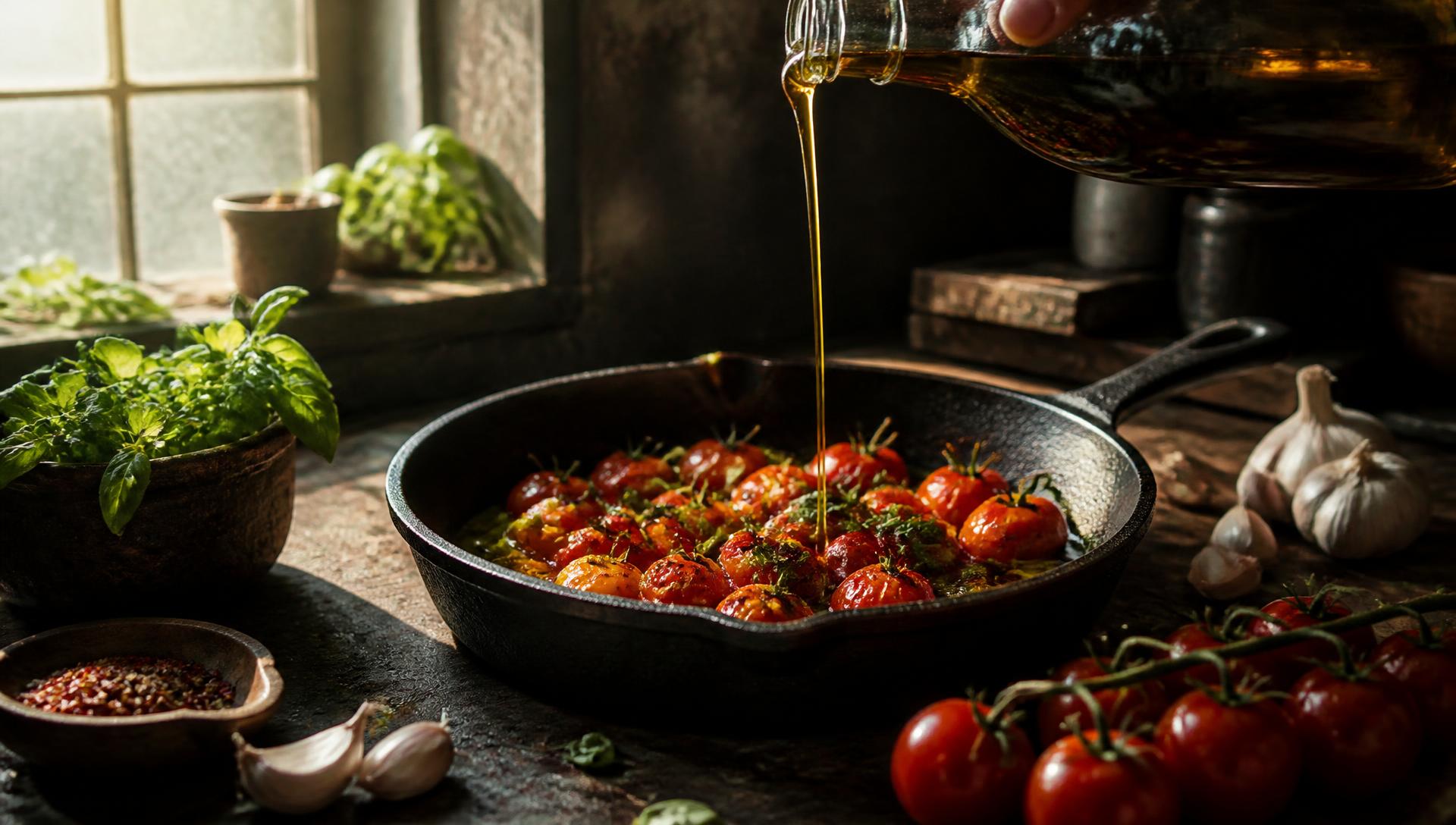 Cherry tomatoes blistering in a cast iron skillet as olive oil is poured over them