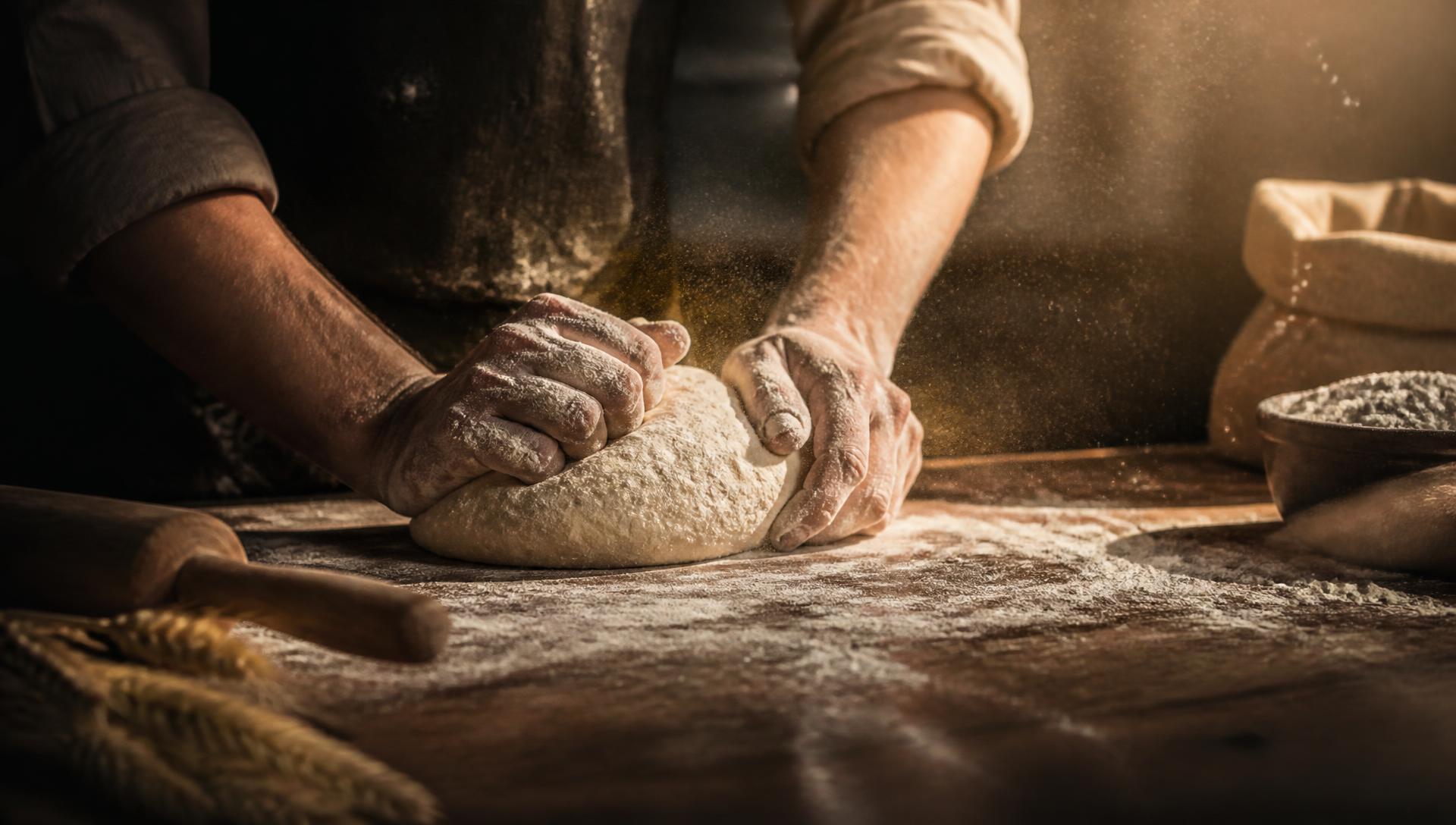 Baker's hands kneading dough on a flour dusted table in golden light