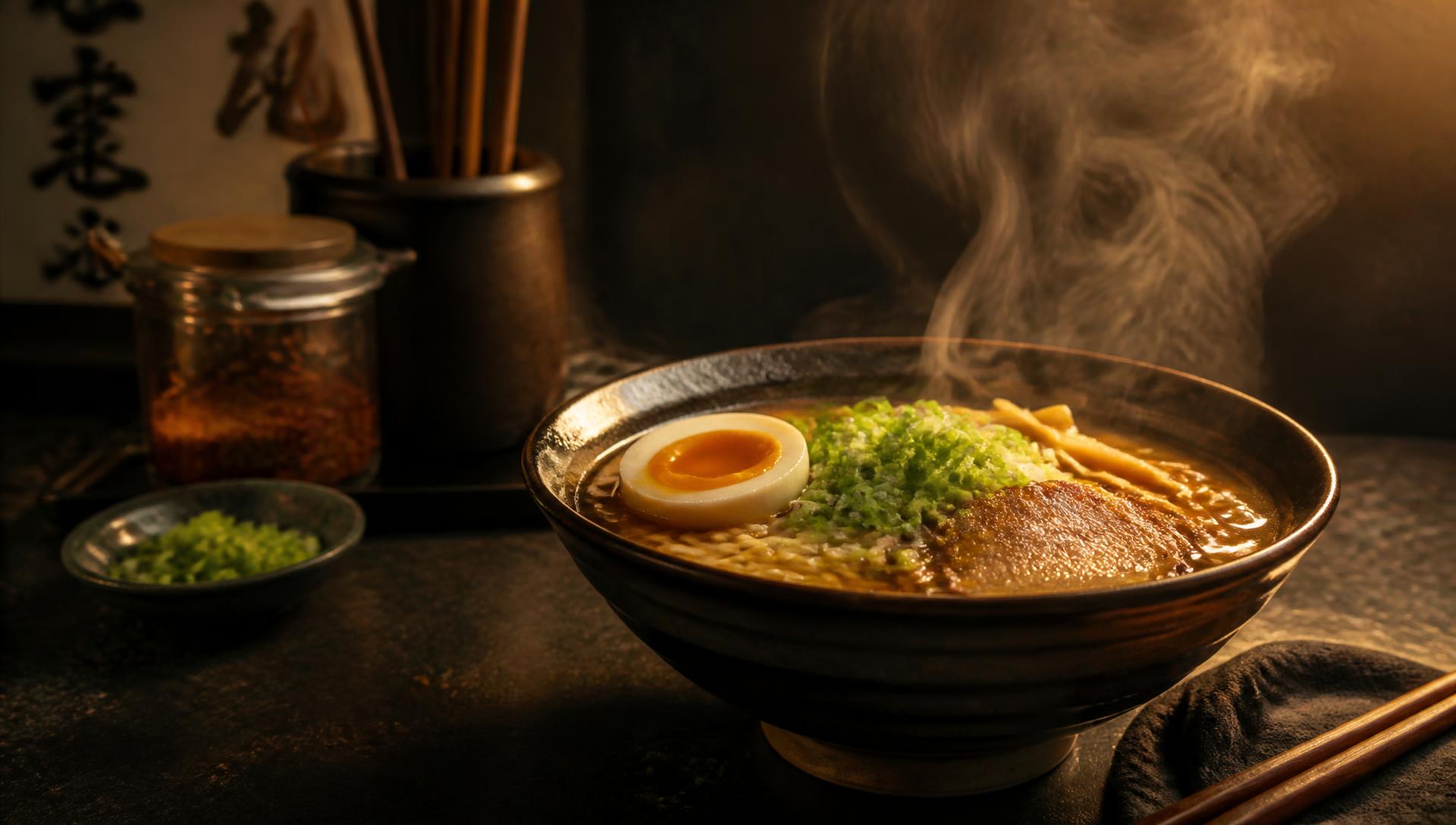 Steaming bowl of ramen with a soft boiled egg on a dark counter