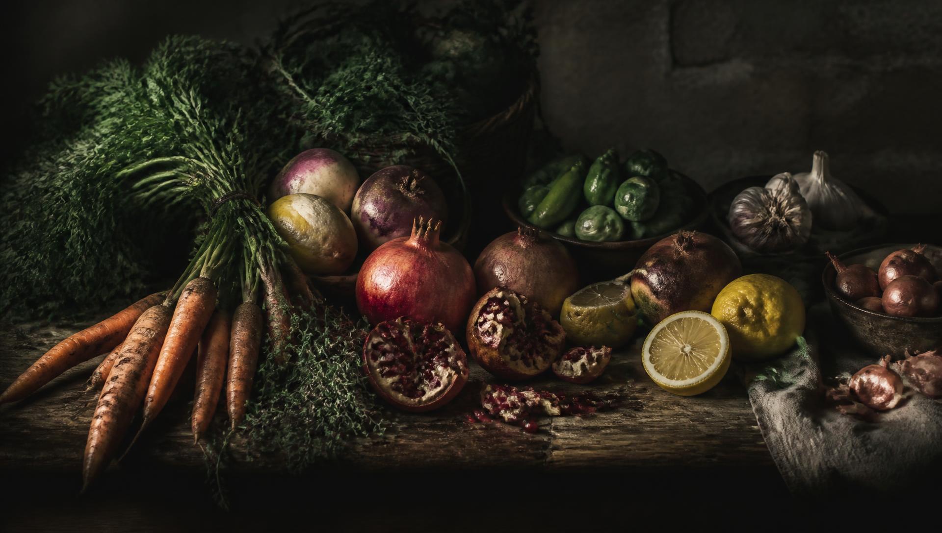 Dark still life of market vegetables, pomegranate and citrus